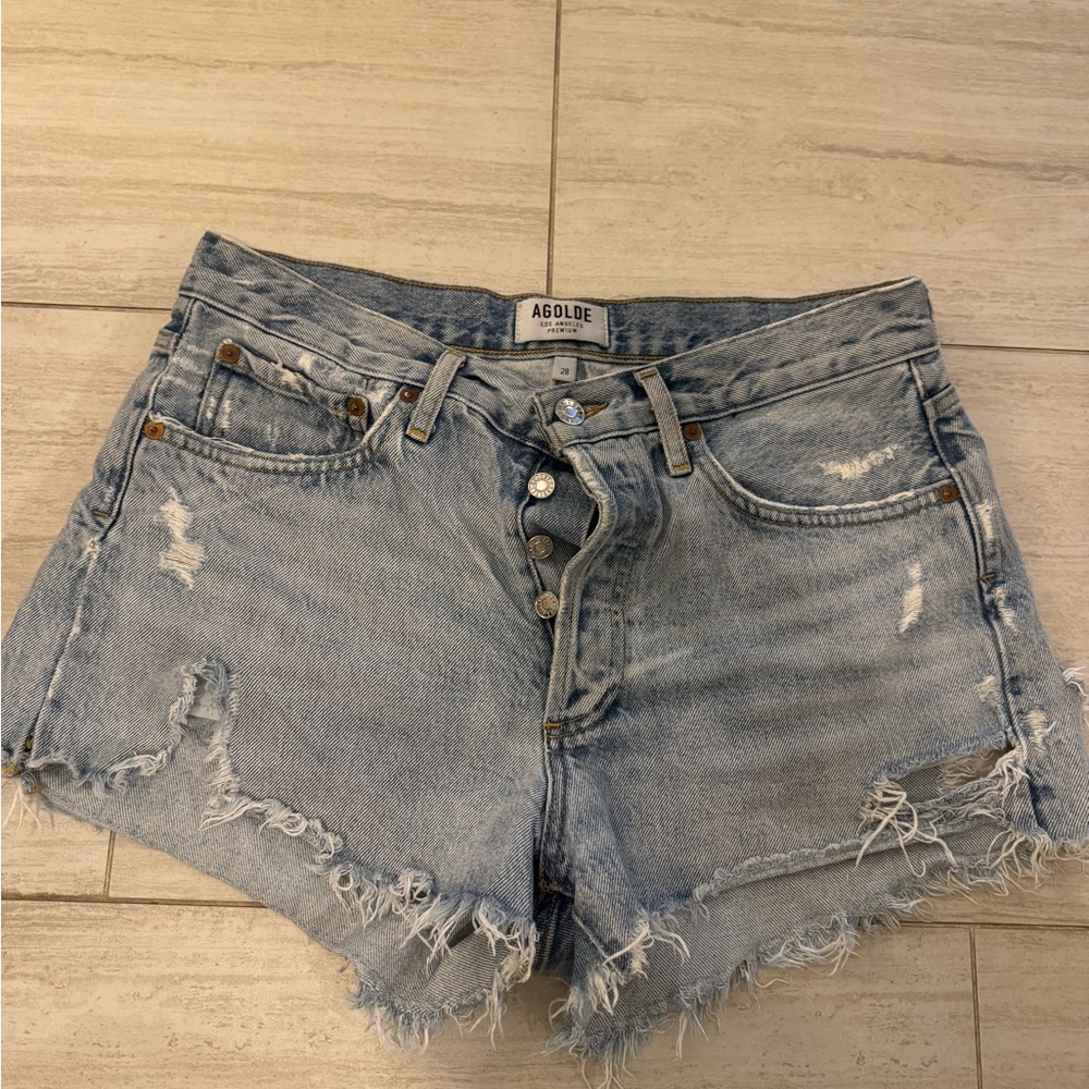 Agolde Women's Frayed Hem Jean Shorts - Light Blue sz 28